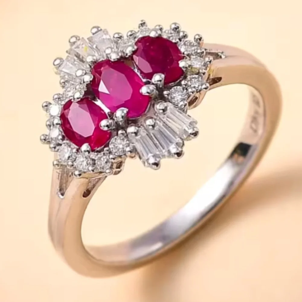 Montepuez Ruby and Moissanite Art Deco Ring in Rhodium Over Sterling Silver
